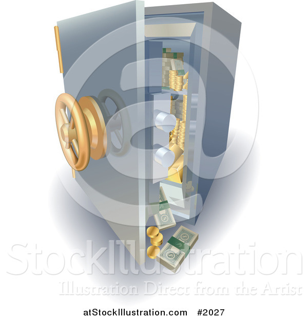 Vector Illustration of a 3d Safe with Money and Gold Falling out