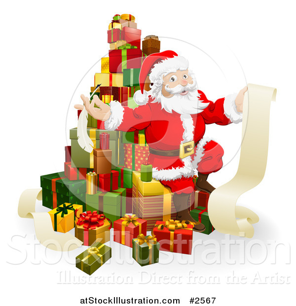 Vector Illustration of a 3d Santa Sitting on a Stack of Gifts with His List