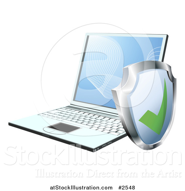 Vector Illustration of a 3d Security Shield by a Laptop Computer