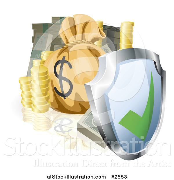 Vector Illustration of a 3d Security Shield with Cash Coins and a Money Bag