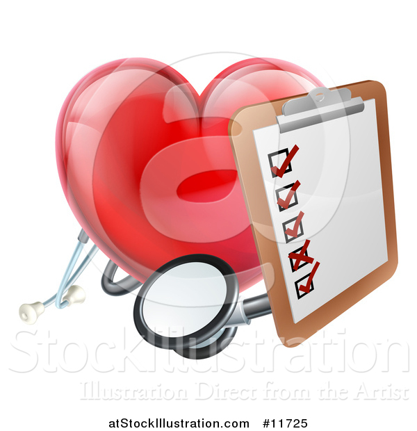 Vector Illustration of a 3d Shiny Red Love Heart with a Clipboard and Stethoscope