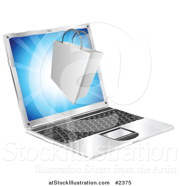 Vector Illustration of a 3d Shopping Bag Floating over a Laptop Computer