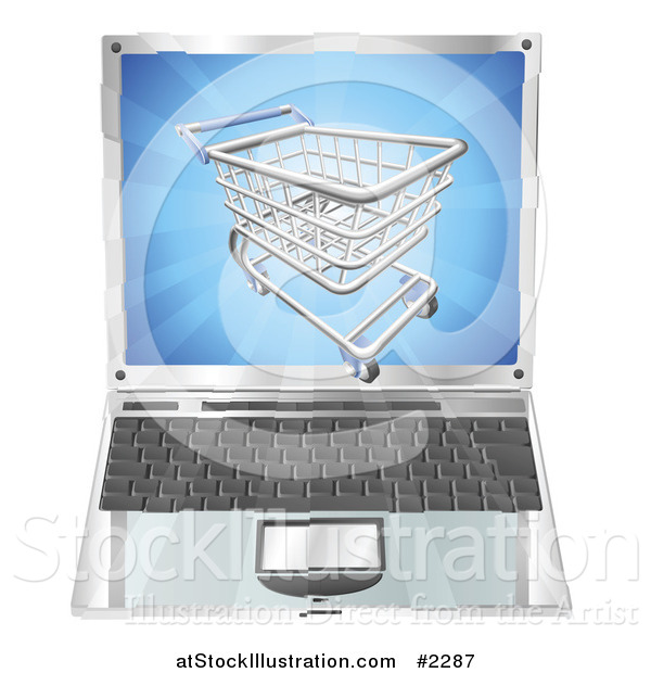 Vector Illustration of a 3d Shopping Cart Emerging from a Laptop Screen