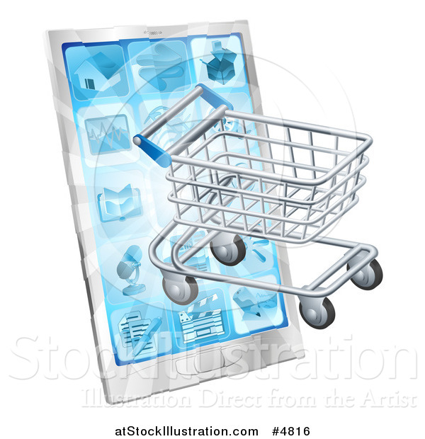 Vector Illustration of a 3d Shopping Cart Emerging from a Smart Phone