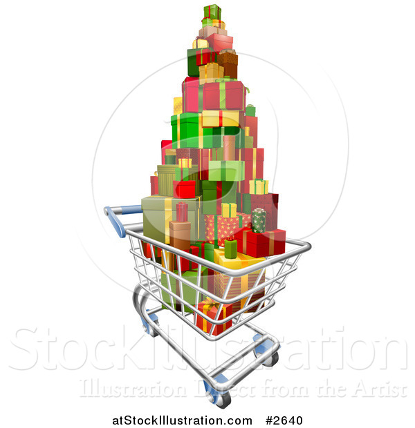 Vector Illustration of a 3d Shopping Cart with a Pile of Wrapped Christmas Presents