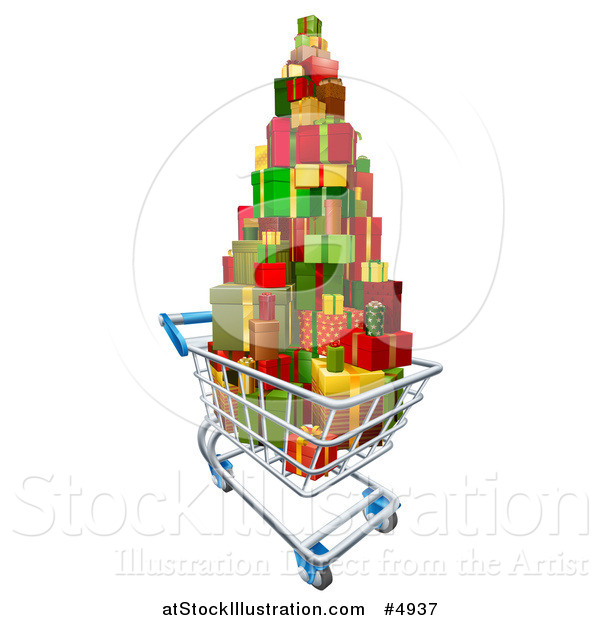 Vector Illustration of a 3d Shopping Cart with a Stack of Christmas Presents