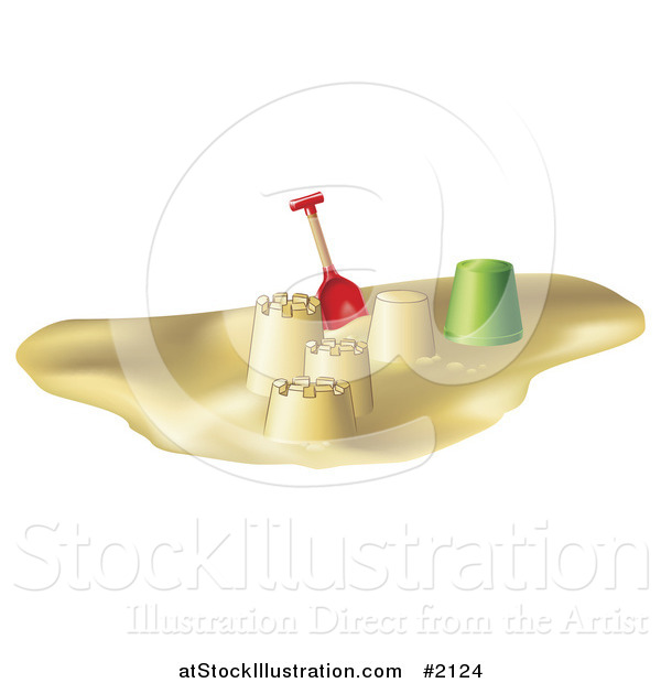Vector Illustration of a 3d Shovel and Bucket by Sand Castle Towers on a Beach