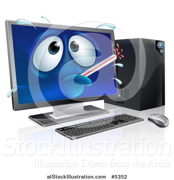 Vector Illustration of a 3d Sick Computer Character with a Fever