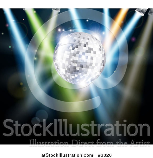 Vector Illustration of a 3d Silver Disco Ball with Stage Lights on Black