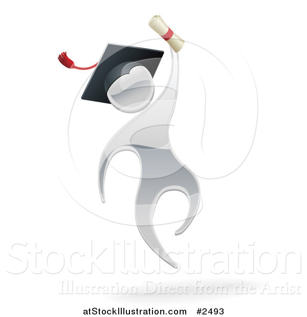 Vector Illustration of a 3d Silver Graduate Jumping with a Diploma