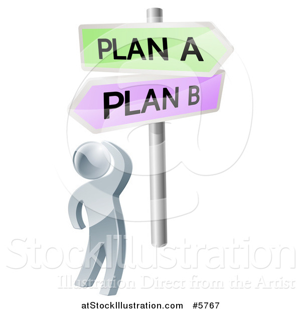 Vector Illustration of a 3d Silver Man at Plan a or B Crossroad Signs