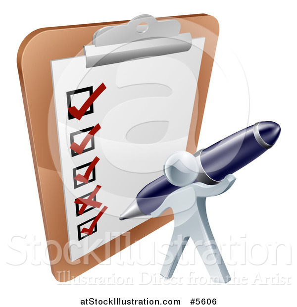 Vector Illustration of a 3d Silver Man Checking off a List with a Pen on a Giant Clipboard