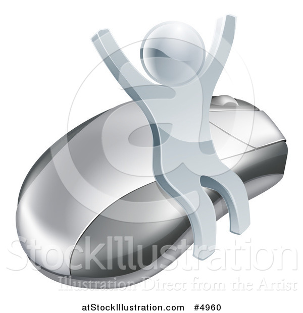 Vector Illustration of a 3d Silver Man Cheering and Sitting on a Computer Mouse