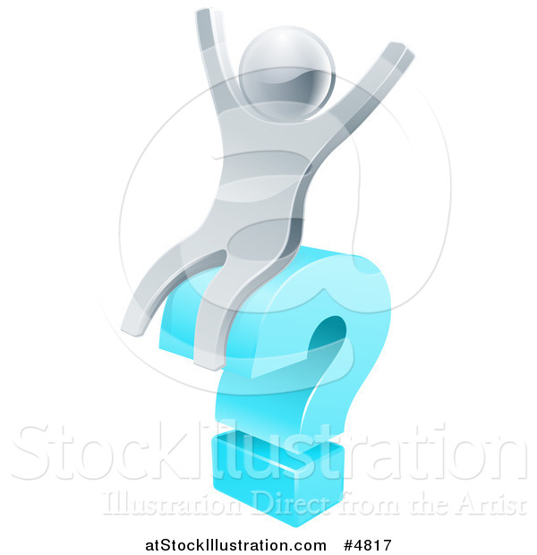 Vector Illustration of a 3d Silver Man Cheering on a Blue Question Mark