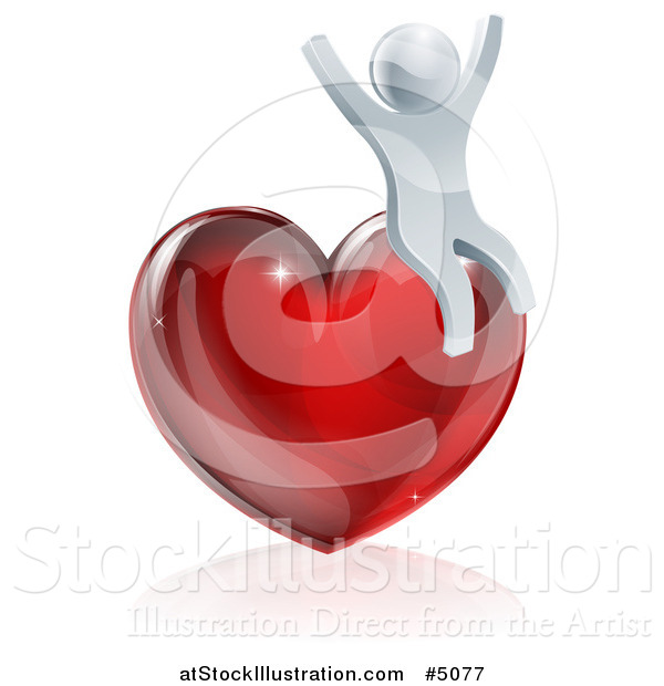 Vector Illustration of a 3d Silver Man Cheering on a Red Heart