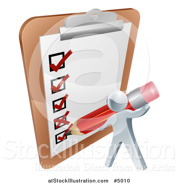 Vector Illustration of a 3d Silver Man Filling out a Survey on a Giant Clipboard