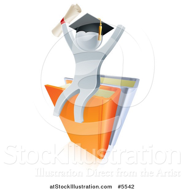 Vector Illustration of a 3d Silver Man Graduate Cheering, Holding a Diploma and Sitting on a Stack of Books