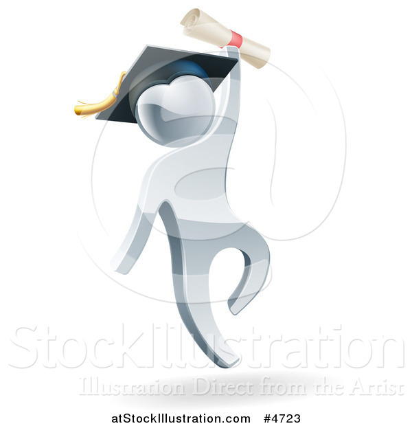 Vector Illustration of a 3d Silver Man Graduate Jumping with a Diploma
