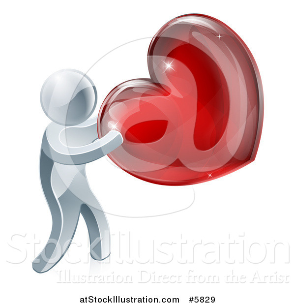 Vector Illustration of a 3d Silver Man Holding a Glass Red Heart