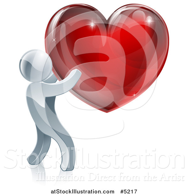 Vector Illustration of a 3d Silver Man Holding a Red Heart