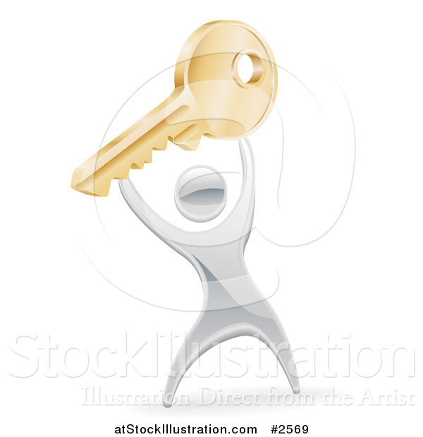 Vector Illustration of a 3d Silver Man Holding up a Gold Key
