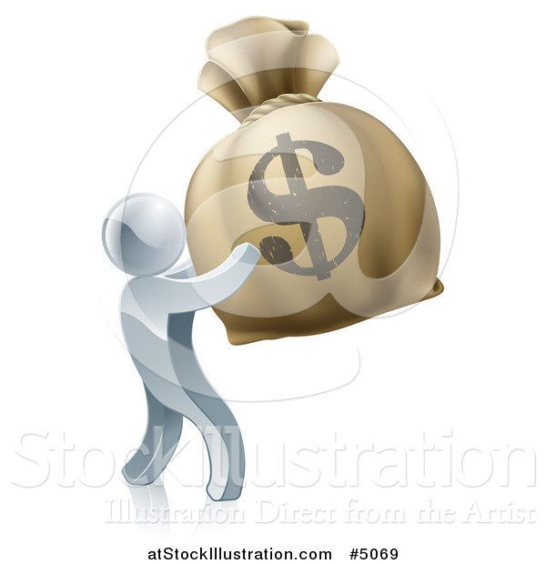 Vector Illustration of a 3d Silver Man Holding up a Large Dollar Money Bag