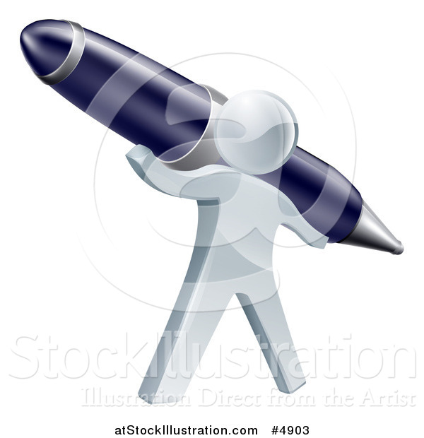 Vector Illustration of a 3d Silver Man Holding up a Pen