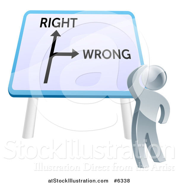 Vector Illustration of a 3d Silver Man Looking up at a Right and Wrong Directional Sign