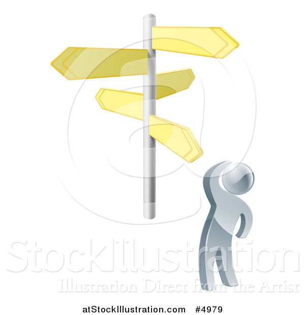 Vector Illustration of a 3d Silver Man Looking up at Crossroad Signs