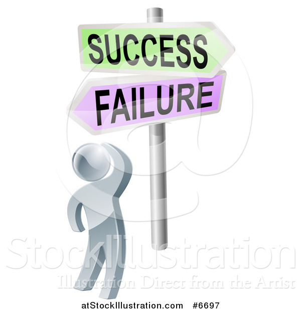 Vector Illustration of a 3d Silver Man Looking up at Failure and Success Arrow Signs