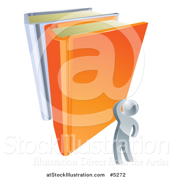Vector Illustration of a 3d Silver Man Looking up at Giant Books