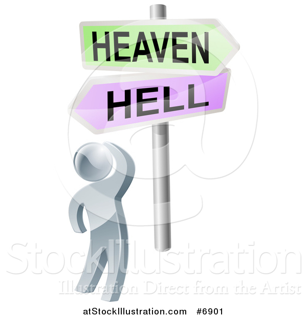 Vector Illustration of a 3d Silver Man Looking up at Heaven or Hell Cross Roads Signs