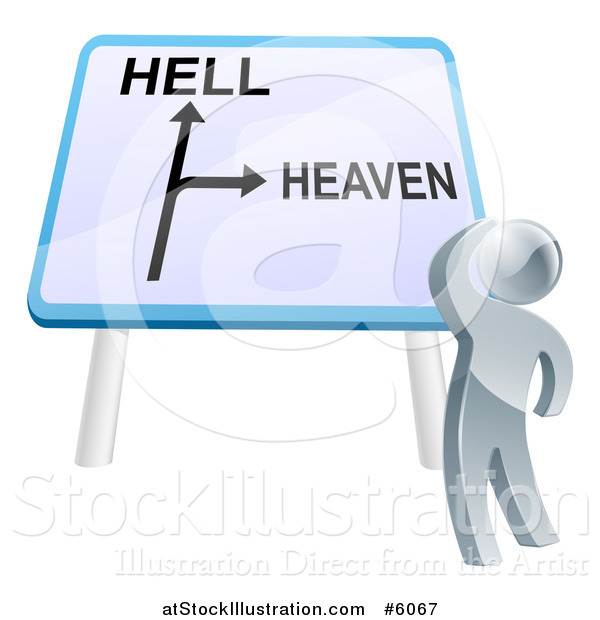 Vector Illustration of a 3d Silver Man Looking up at Heaven or Hell Sign