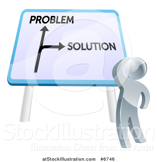 Vector Illustration of a 3d Silver Man Looking up at Problem and Solution Sign