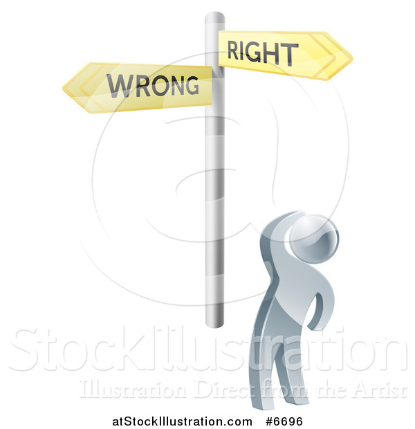 Vector Illustration of a 3d Silver Man Looking up at Right and Wrong Directional Arrow Signs