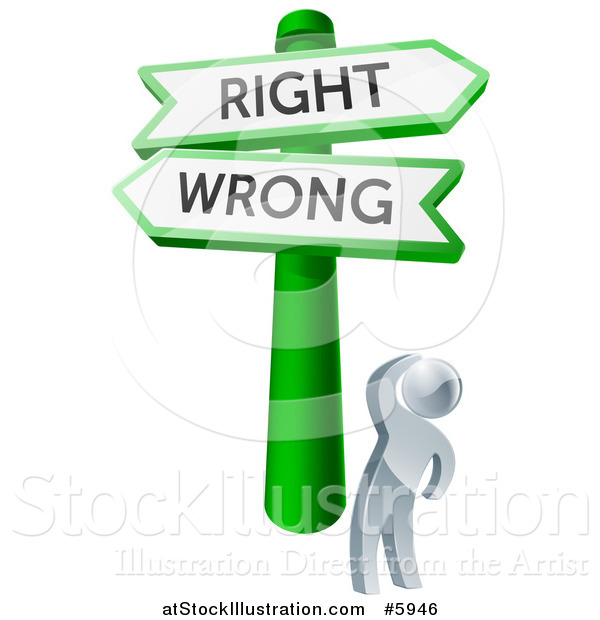Vector Illustration of a 3d Silver Man Looking up at Right and Wrong Signs