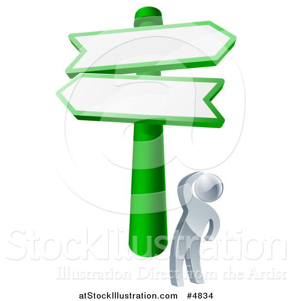 Vector Illustration of a 3d Silver Man Looking up at Road Signs