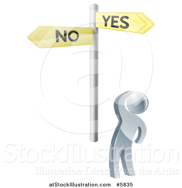 Vector Illustration of a 3d Silver Man Looking up at Yes and No Crossroads Signs