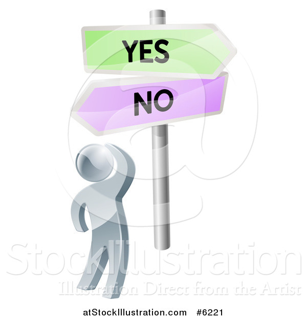 Vector Illustration of a 3d Silver Man Looking up at Yes and No Road Signs