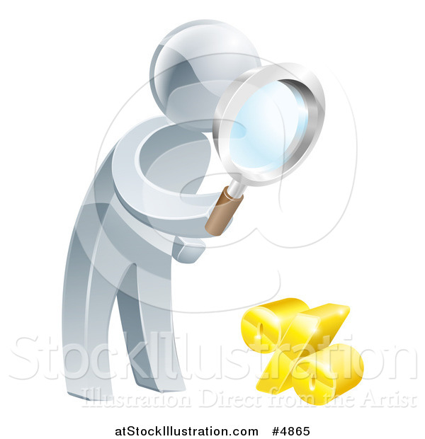 Vector Illustration of a 3d Silver Man Peering Through a Magnifying Glass at a Percent Symbol