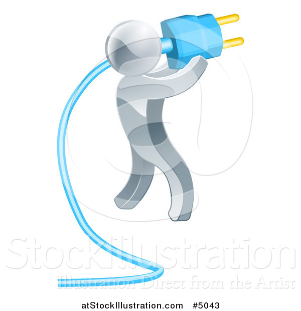 Vector Illustration of a 3d Silver Man Plugging in a Blue Cable