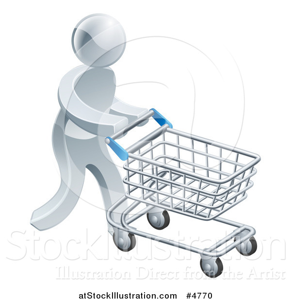 Vector Illustration of a 3d Silver Man Pushing a Shopping Cart