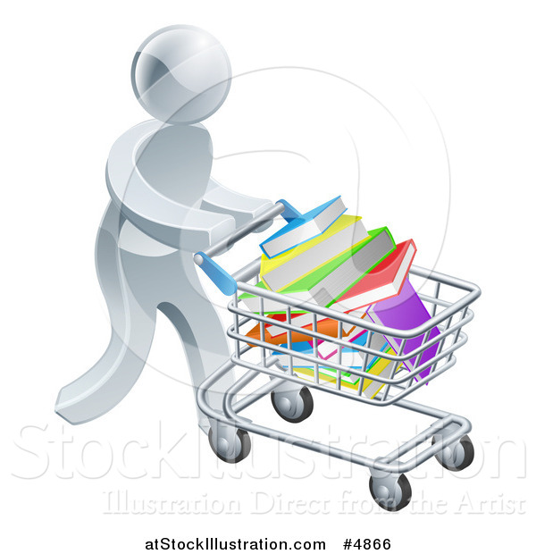 Vector Illustration of a 3d Silver Man Pushing a Shopping Cart Full of Books