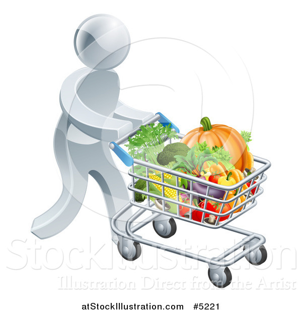 Vector Illustration of a 3d Silver Man Pushing a Shopping Cart Full of Produce
