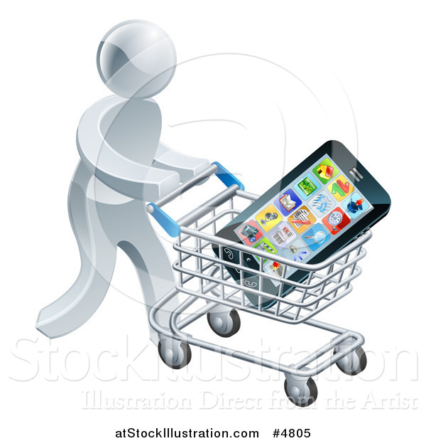 Vector Illustration of a 3d Silver Man Pushing a Smart Phone in a Shopping Cart