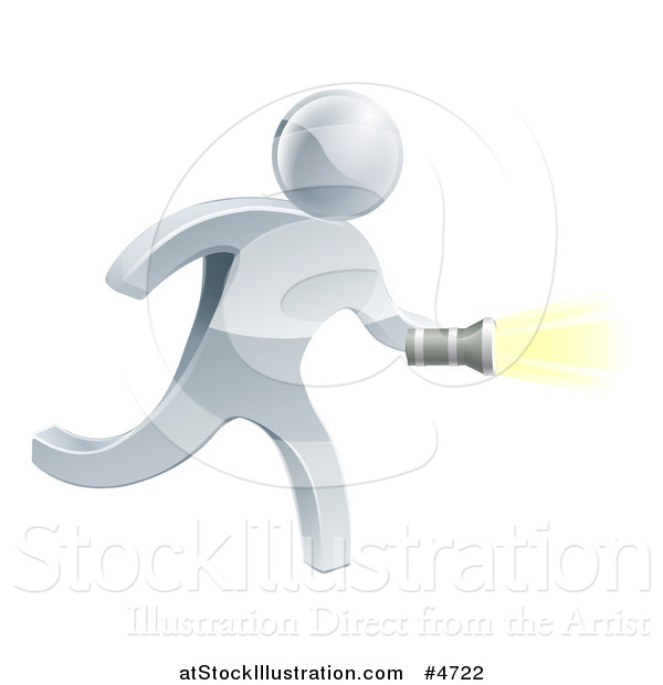 Vector Illustration of a 3d Silver Man Running with a Flashlight