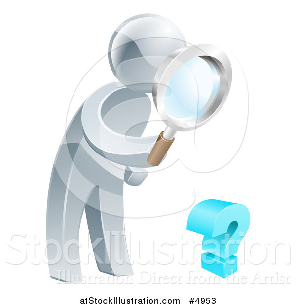 Vector Illustration of a 3d Silver Man Searching for Answers with a Magnifying Glass