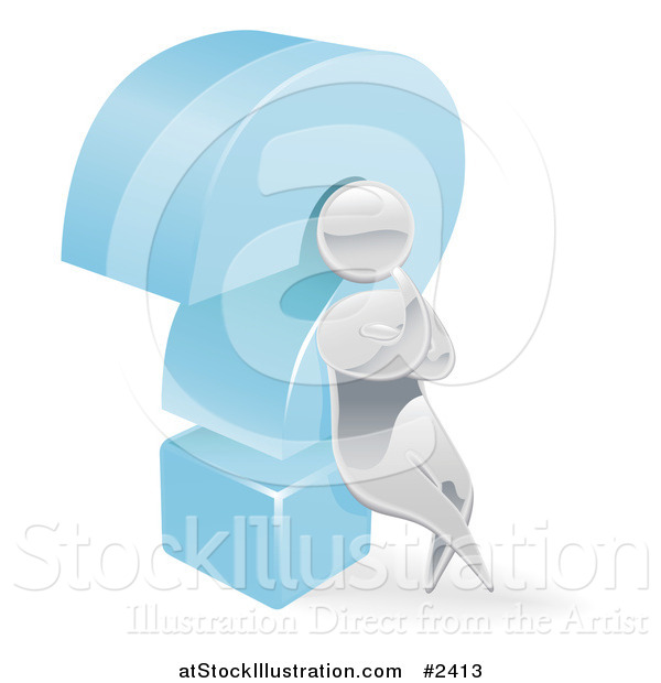 Vector Illustration of a 3d Silver Man Thinking and Leaning Against a Question Mark