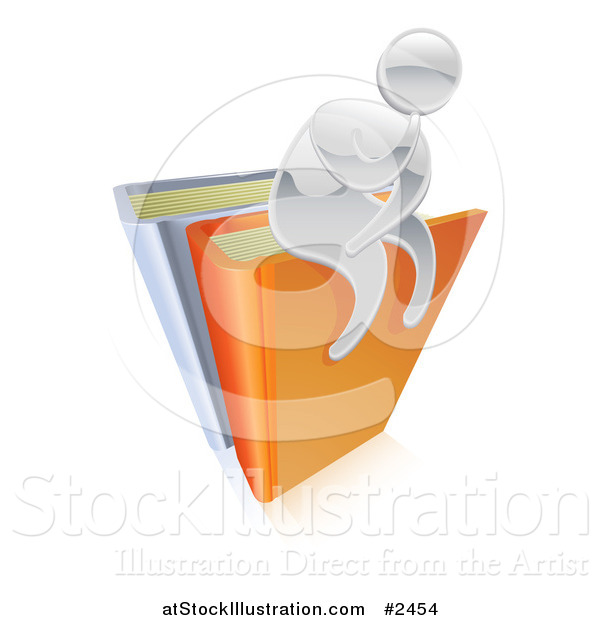 Vector Illustration of a 3d Silver Man Thinking and Sitting on Top of Books