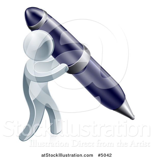 Vector Illustration of a 3d Silver Man Writing with a Giant Pen